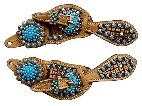 Showman Youth Basketweave Tooled Spur Straps w/ Turquoise Beading