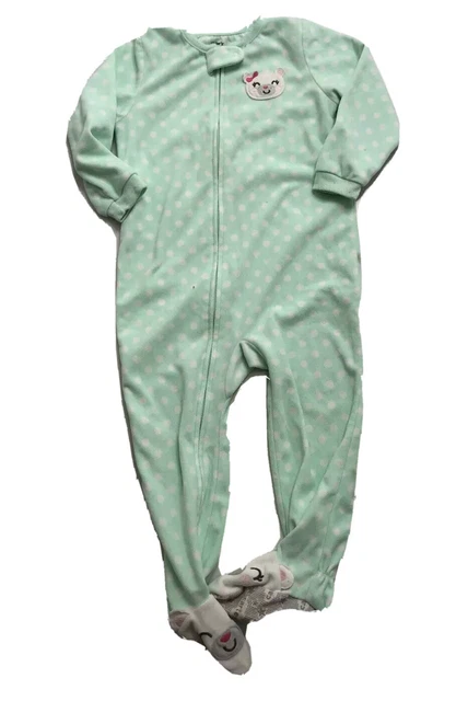 Carter's Girls Sleeper - Green Polka Dot Bear Fleece Pajamas- size 3 3T