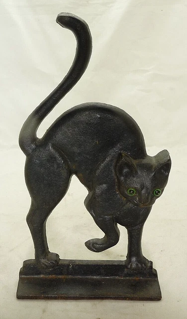 Vintage Black Cat Cast Iron Door Stop Green Eyes Halloween Unmarked 11 1/2"