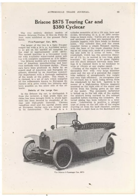 1914 Briscoe Automobiles 3 Pg Story & Pics: Touring Car & Cycle Car - Jackson MI