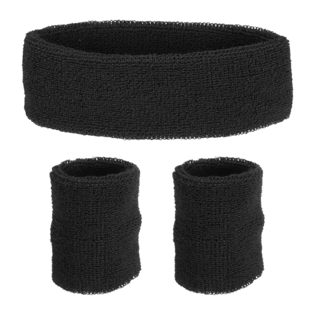 1 Headband & 2 Sport Wristbands Cotton Athletic Sweatband Black