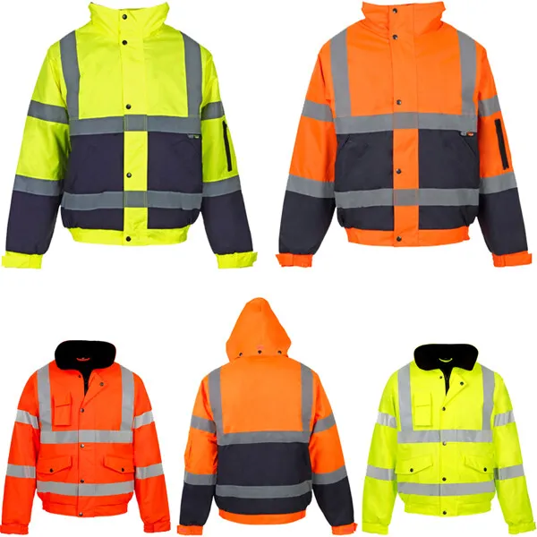 Hi Viz High Vis Visibility Bomber Jacket Work Waterproof Security Padded Hooded