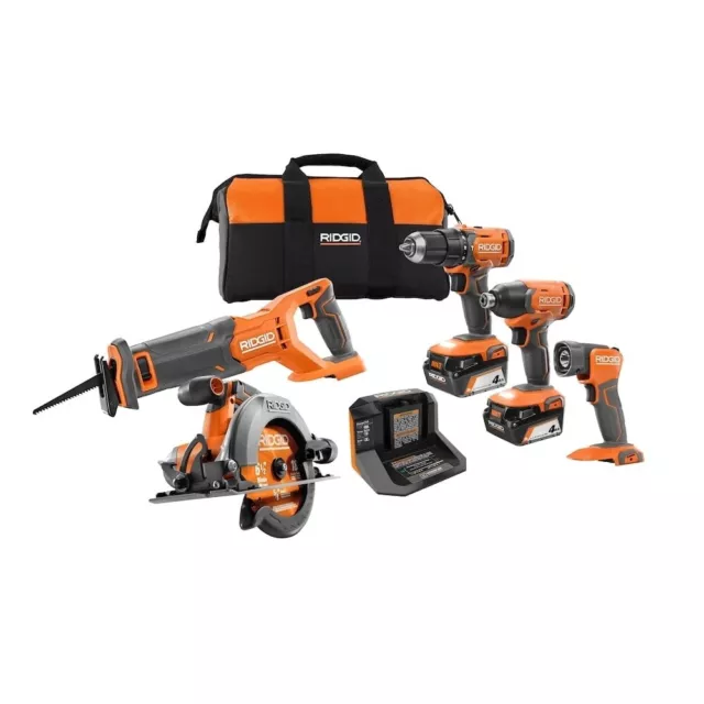 RIDGID 18V Lithium-Ion Cordless 5-Tool Kit with (2) 4.0 Ah Batteries and Charger