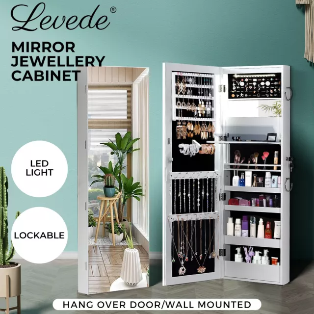 Levede Mirror Jewellery Cabinet Jewelry Box Wall Mounted Hang Over LED White