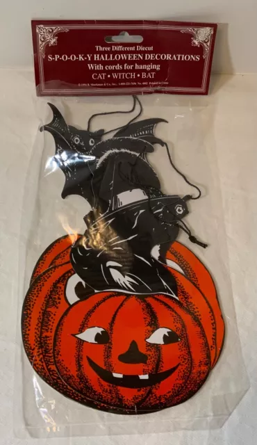 VTG 1994 Shackman Halloween Die Cut Hanging Decorations UNUSED Cat Witch Bat JOL