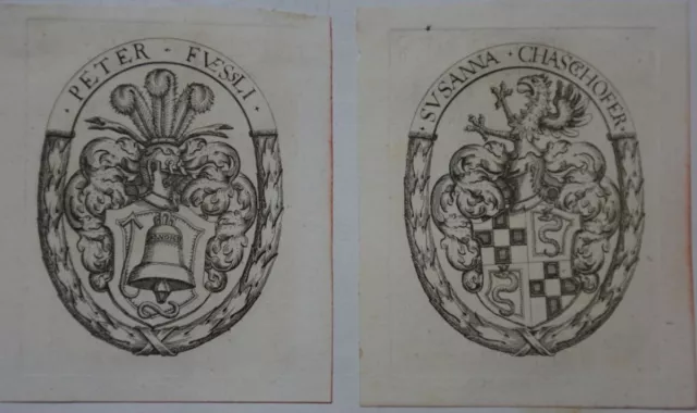 Exlibris Peter Fuessli 1577-1627 Wappen mit Glocke  Anno 1611. Allianzexlibris