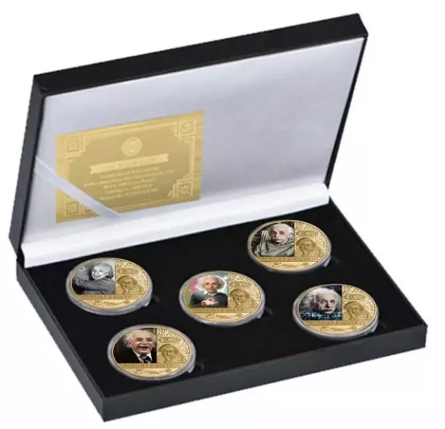5x ALBERT EINSTEIN Gold Plated Coins Set, Noble Prize Winner For Physics