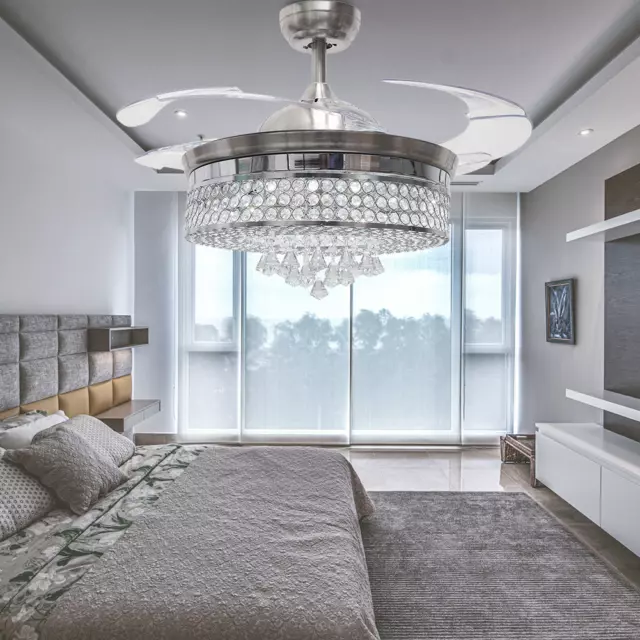 42"Crystal Ceiling Fan LED Lamp Fixture Light Chandelier & Remote Control 3Speed