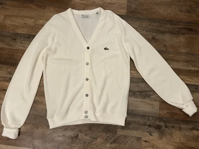 VTG Izod Lacoste Cardigan Sweater White Cream Acrylic 80s Womens L