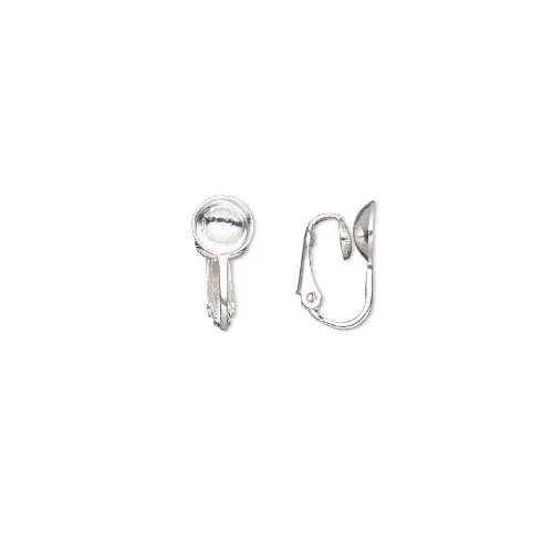 10 Silver Plated Clip On Earring Findings w/ 8mm Round Cup For Undrilled Beads