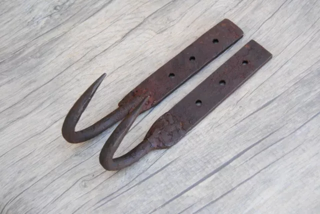Vtg large heavy wrought Iron beam Hook Meat Hanging BUTCHERS forged farm deco 2p