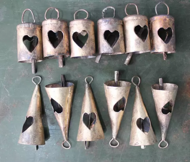 Iron Tin Metal Bells Decorative Home Decor Heart Vintage Collectibles Bell 12 Pc