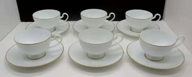 6 Noritake Gold Trim White Ribbed Cup and Saucer Sets