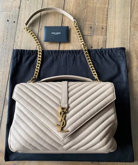 Saint Laurent College Large Quilted Leather Shoulder Bag Handbag Beige