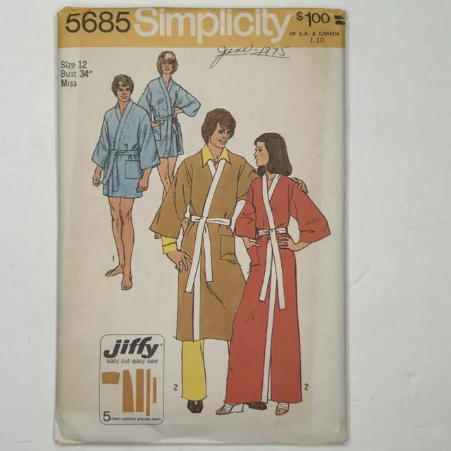 1970s Simplicity UNCUT Sewing Pattern 5685 Miss Kimono Robe Two Lengths Sz 12 #1