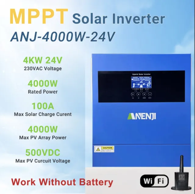 4000W Solar Inverter Off-Grid Hybrid MPPT 100A Pure Sine Wave 24V 220V 500V WIFI