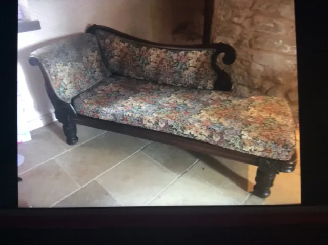 antique chaise lounge- Oak frame and beautiful brocade fabric upholstery