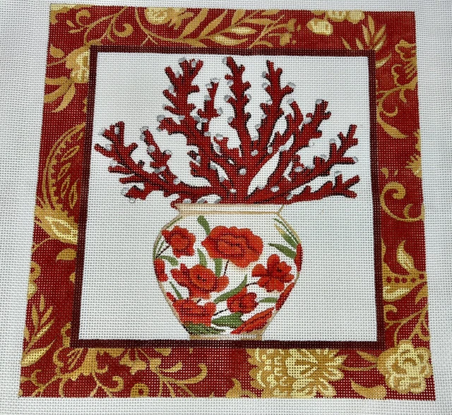 Melissa Shirly Hand Painted Needlepoint Canvas, Coral In Vase, 13 Ct