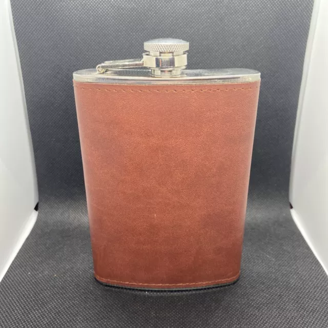 Stainless Steel Flask Brown Leather Pocket Hip Whiskey Screw Cap Flagon 8 oz