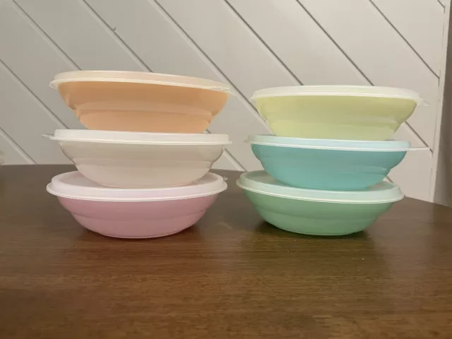 RARE Full Set 6 Vintage Tupperware Cereal Bowls Pastel W/ Lids Bundle Lot Retro