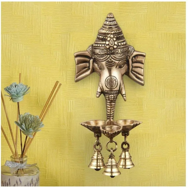 Lovely 9" Brass Ganesha Wall Hanging Bell & Diya Oil Lamp Home Decor India Gift