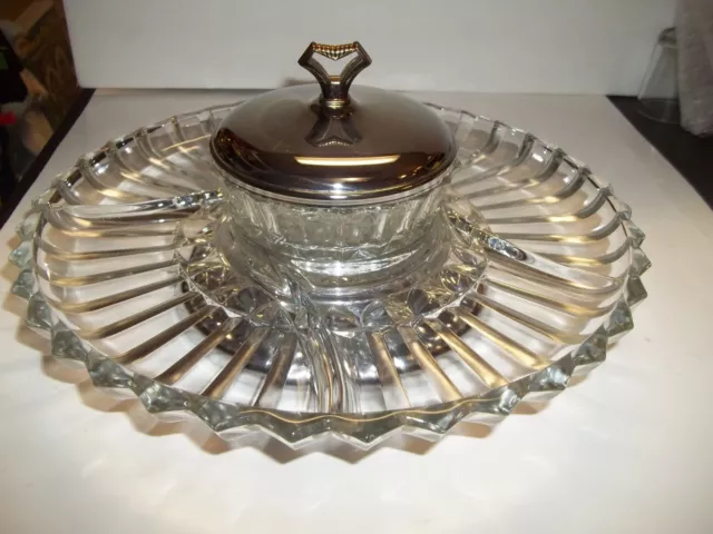 Vtg Kromex Lazy Susan Crystal Divided Relish Tray w/ Covered Dish 12" MCM Glass