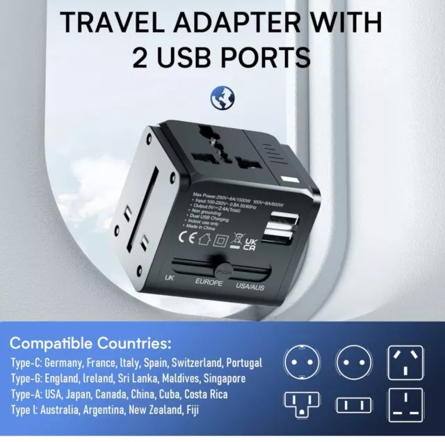 Universal Travel Adapter, AUNNO International Travel Plug Adapter with 2 USB Por