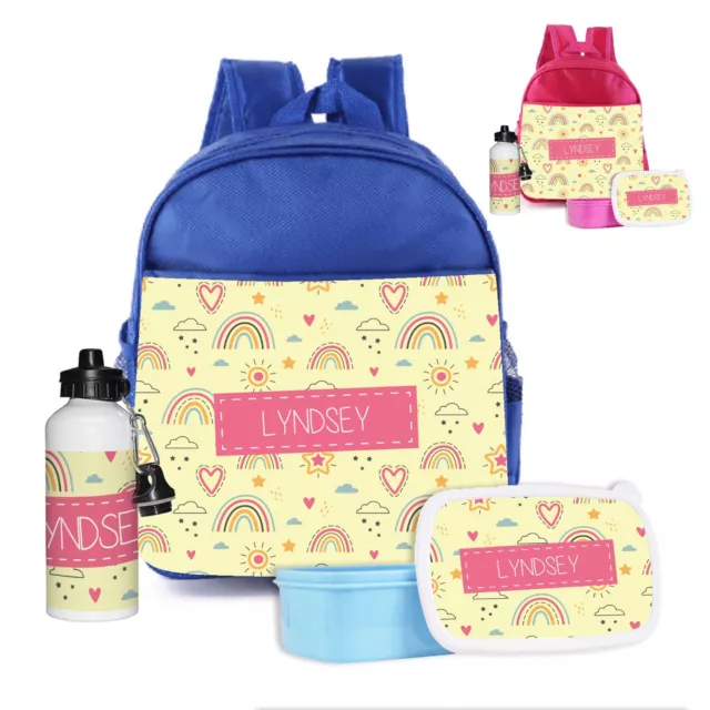 Personalised School Backpack Childrens Kids set of 3 Bag+Lunch Box+Water Bottle