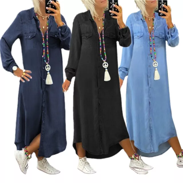 Women Summer Denim Shirt Dress Lady Button Down Long Sleeve Jeans Maxi Dress CA