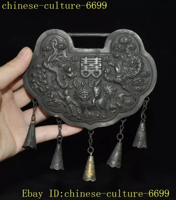 5" old Chinese Tibet silver Dragon phoenix Lock Amulet Pendant Necklace
