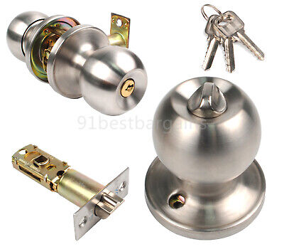 Round Door Knobs Handle Entrance Passage Lock W/ Key Set SILVER Stainless Steel