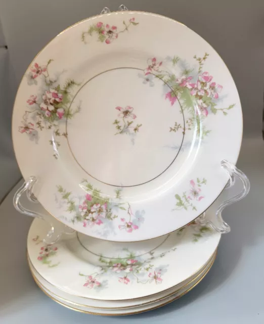 4 Vintage Theodore Haviland Apple Blossom 7 1/2" Salad Plates Pink Roses Euc