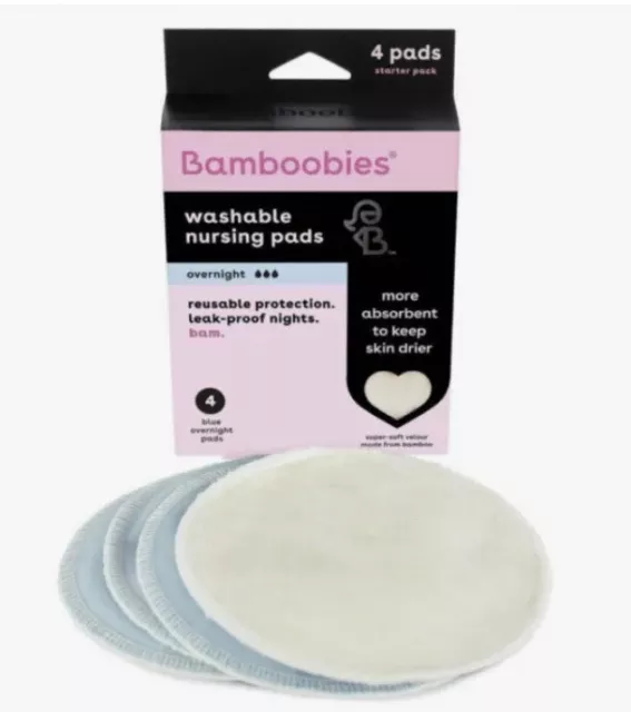 Bamboobies Washable Overnight Nursing Reusable Pads for Breastfeeding 4 Ct