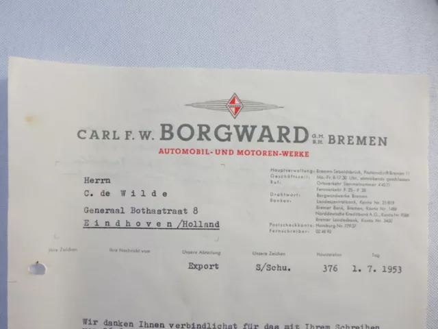 1953 Borgward Letter Letterhead Document - German Text