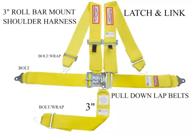 Race Harness Sfi 16.1 Five Point Latch & Link 3" Seat Belt Roll Bar Mount Yellow