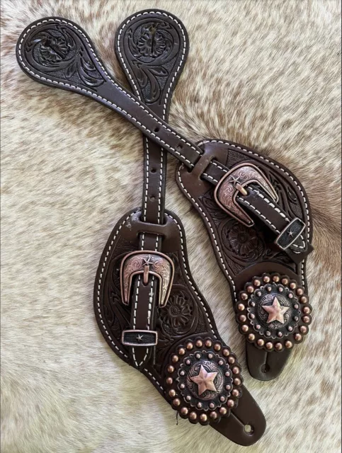 MENS Tooled Dark Oil Leather Western PAIR of Spur Straps COPPER Star Hardware