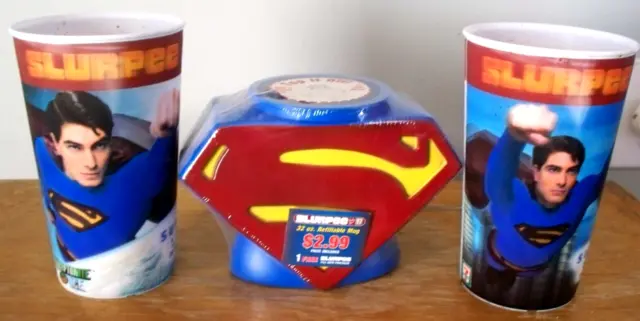 Rare 2006 7/11 Superman Returns Sealed Whirley Cup & 2 Holographic Slurpee Cups