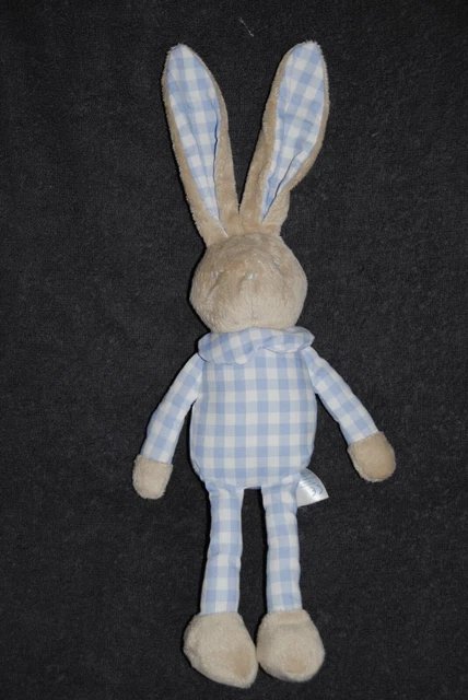 Doudou Peluche Lapin Bleu Carreaux KLORANE Col Garçon  Etat NEUF