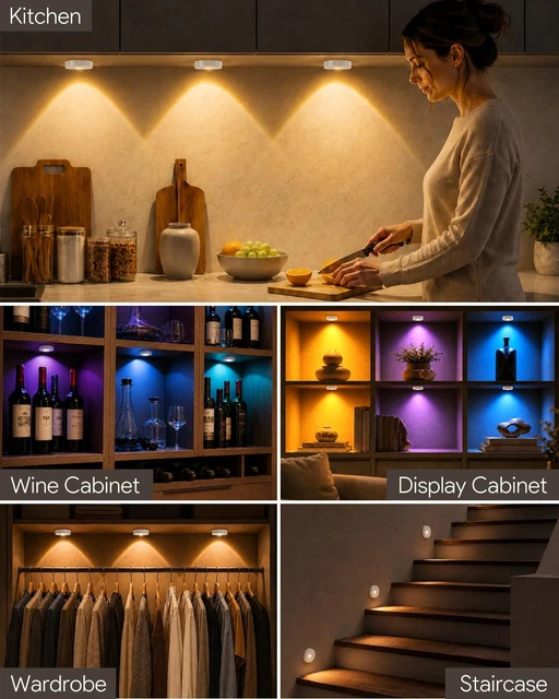 12 PACK RECHARGEABLE RGB Puck Lights with Remote, Under Cabinet Lights ...