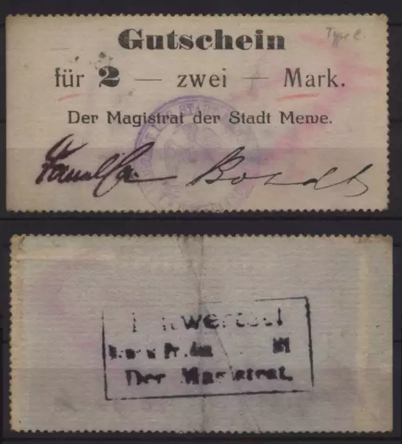 [17244] - NOTGELD MEWE (heute: Gniew), Stadt, 2 Mark, o. D. (1914). Dießner 233.