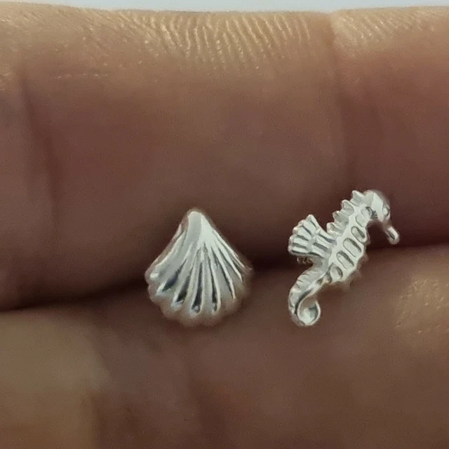 Sterling Silver earrings 925 studs womens DZ336 novelty seashell seahorse beach