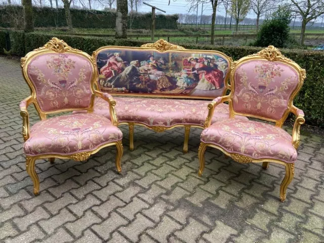 Timeless Elegance: 1970s Vintage French Louis XVI Sofa Set in Pink Damask