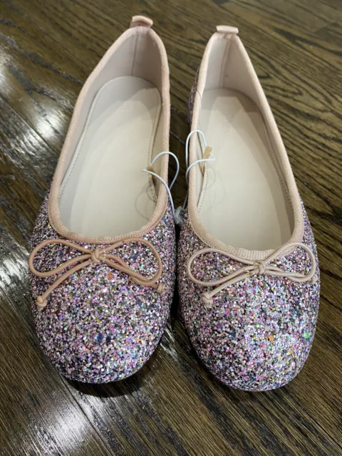 ZARA Youth Girls Ballet Flats Shoes Pink Glitter Bow Size EU 36 / US 4