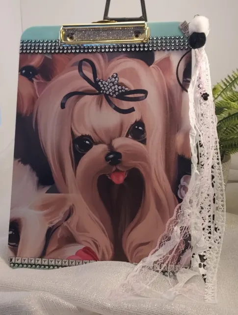 Yorkshire Terrier Dog Clipboard w/ Lots of Bling & Ribbon Accents. Yorkie puppy.