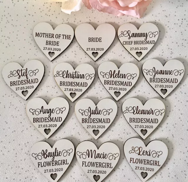 Personalised Laser Engraved Wedding Party White Wooden Heart Coat Hanger Tag