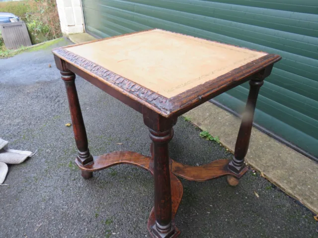 Victorian Leather Top Tooled Carved & Embossed Side End Lamp Table