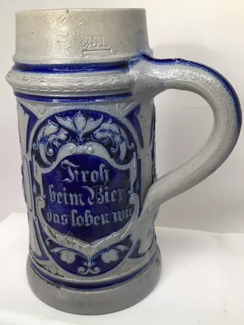 Antique German Stoneware Cobalt Blue Salt Glazed Beer Stein Tankard Bierkrug