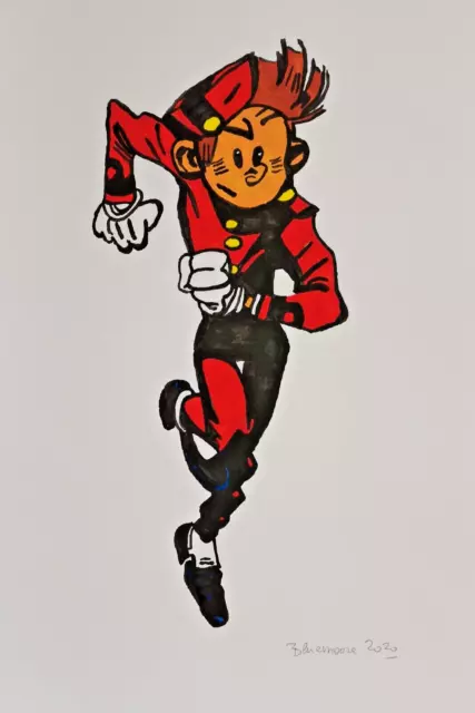 Unikat Mooseart Comic Gemälde Spirou Gouache Papier 21x30cm Original