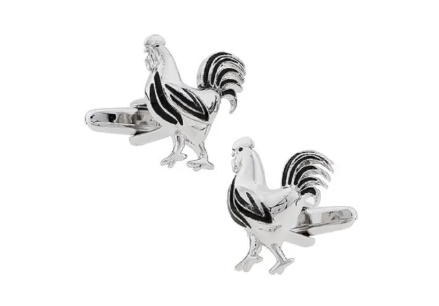 Rooster Pair Silver Cufflinks Chicken Wedding Fancy Gift Box & Polishing Cloth