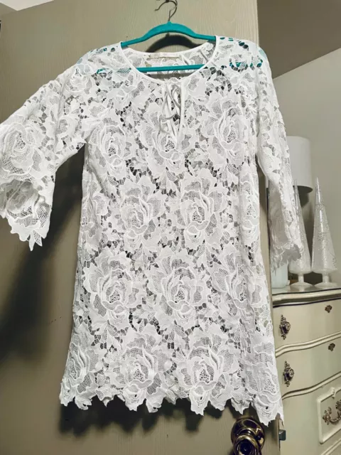 NEW S Boston Proper Lace Swim Cover up Kaftan Tunic one Size loose White Floral